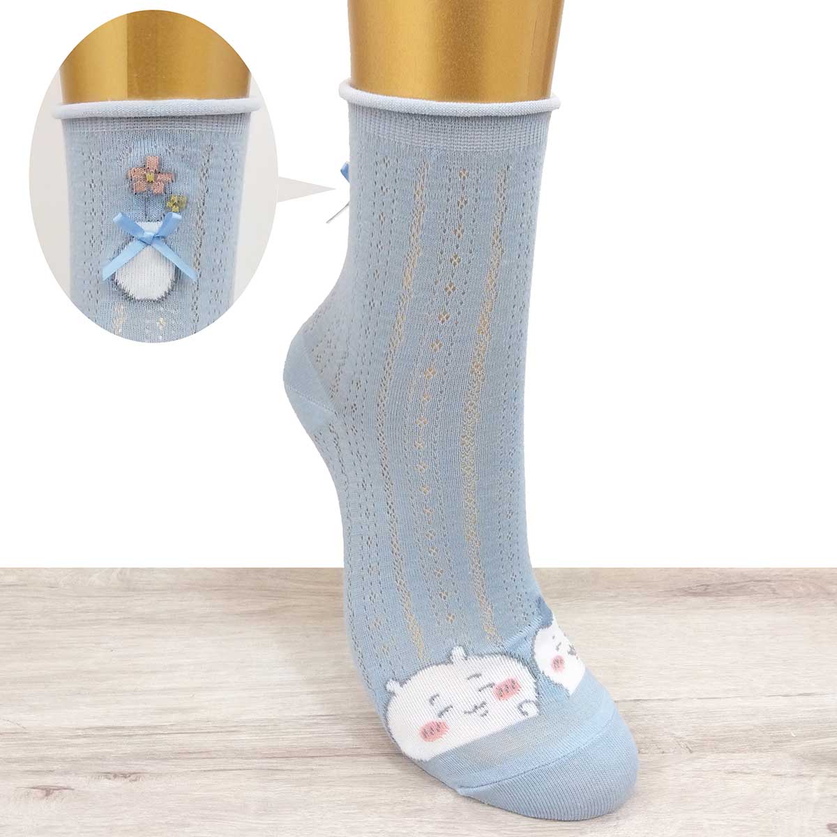 吉伊卡哇 帶有誇獎緞帶的船領襪（藍色） 女款
