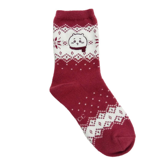 Chiikawa Embroidered Crew Socks (Nordic Pattern, Red) Women's