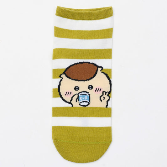 ちいかわ クルーソックス くりまんじゅうピース グリーンボーダー
