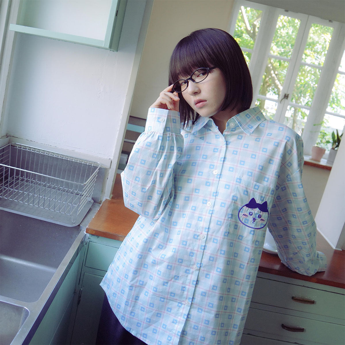 ちいかわ チェックシリーズ シャツ ハチワレ ブルー