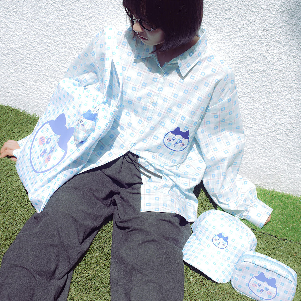 Chiikawa Check Series Tote Bag (with Charm) Hachiware Blue