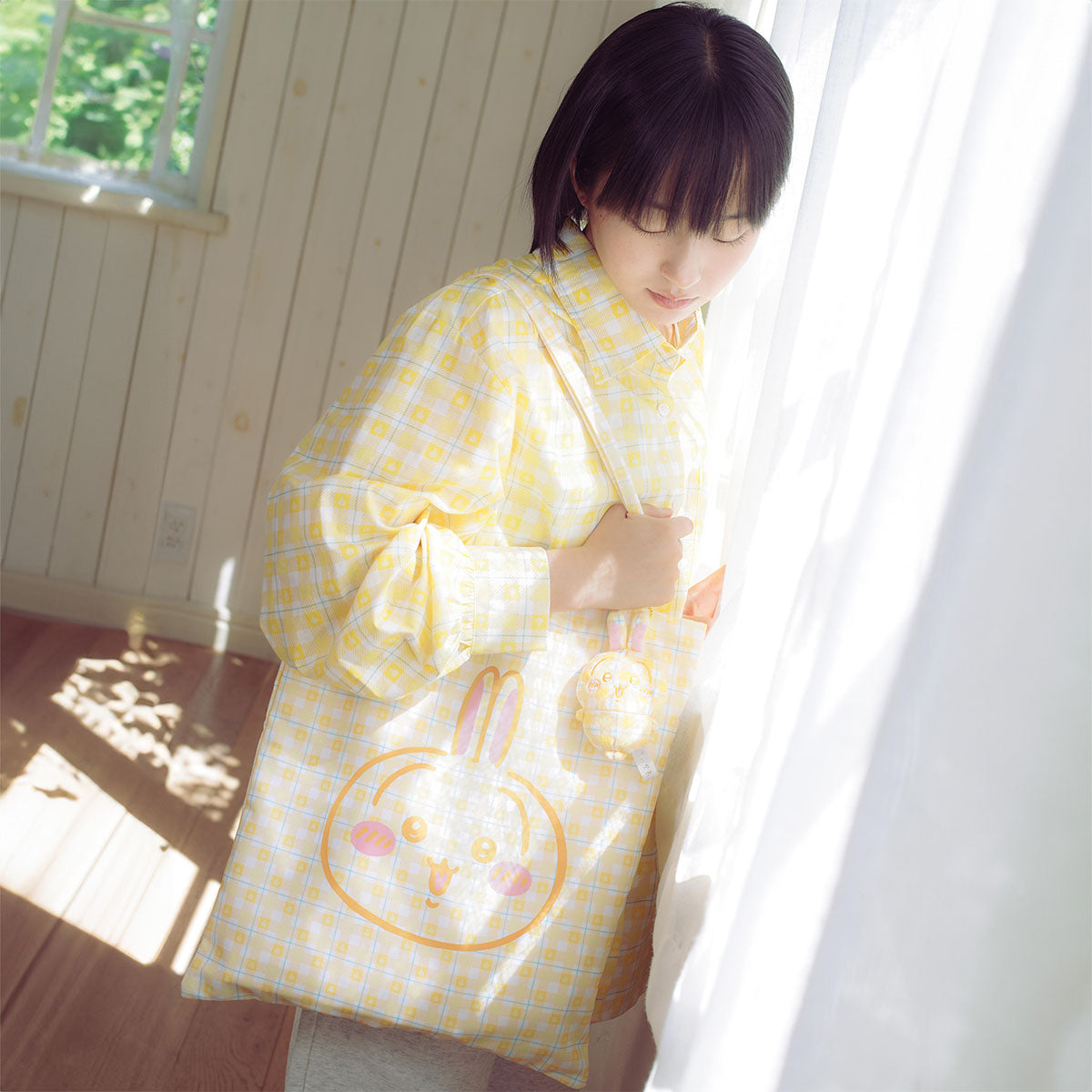 吉伊卡哇 格子系列手提袋 (附吊飾) 兔兔 黃色