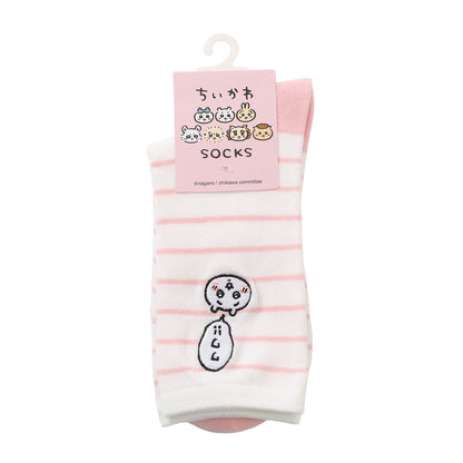 ちいかわ クルーソックス ワンポイント刺繍 ちいかわボーダー ピンク