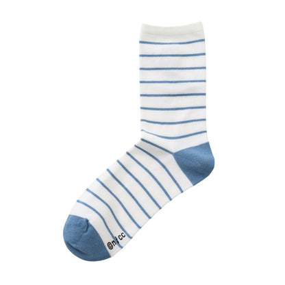ちいかわ クルーソックス ワンポイント刺繍 ハチワレボーダー ブルー