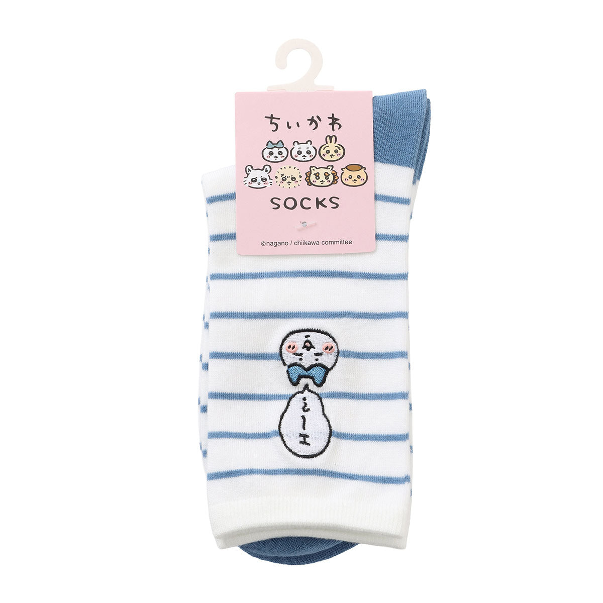 ちいかわ クルーソックス ワンポイント刺繍 ハチワレボーダー ブルー
