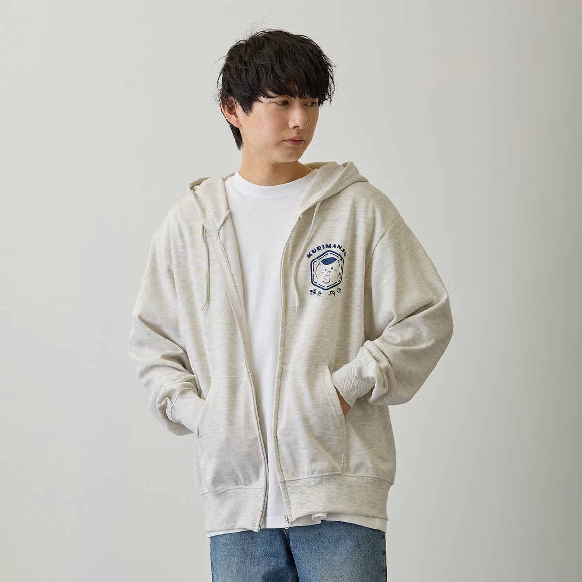 Chiikawa Zip-up Hoodie "Fukuju Enman" Ash