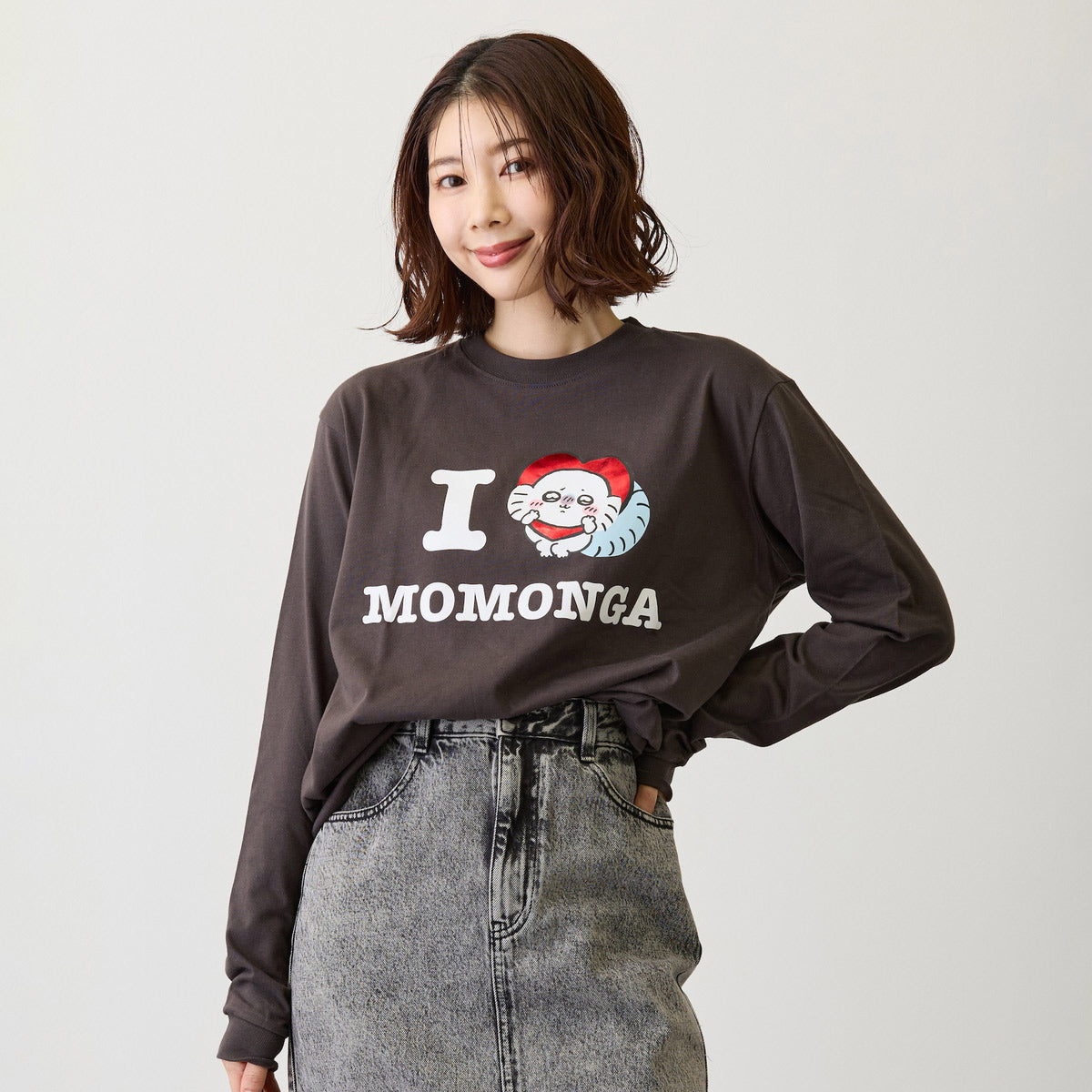吉伊卡哇 長袖T恤 I LOVE MOMONGA 炭灰色